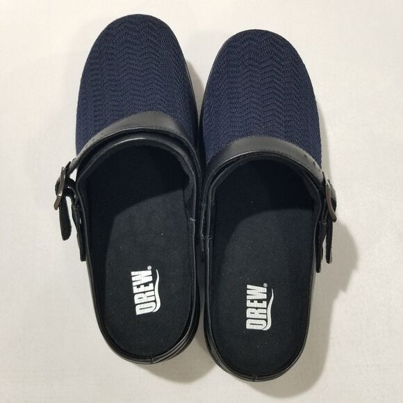 Drew Clogs 7.5 Savannah Black Shoes Womens Ankle Strap Navy Wavy Stretch NEW - Picture 2 of 7